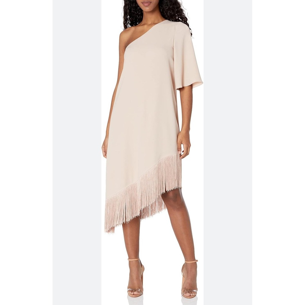 Trina Turk Fringe Shift Dress Womens Size XS Pink One Shoulder‎ Asymmetrical